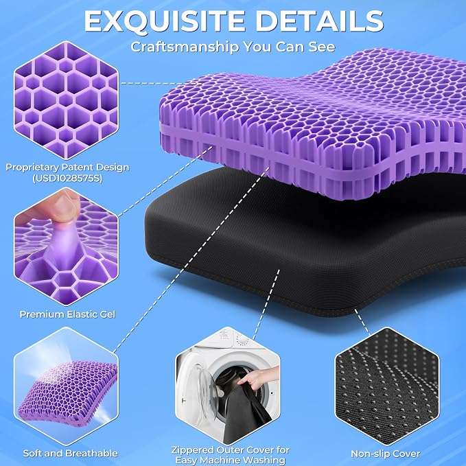 TushGuard Gel Seat Cushion for Long Sitting, Breathable Thick Patent Design | Enlarged Cooling Chair Pad for Office Chair, Wheelchair, Desk Chair, Supportive Car Cushion (Standard, Black+Violet) - Image 4
