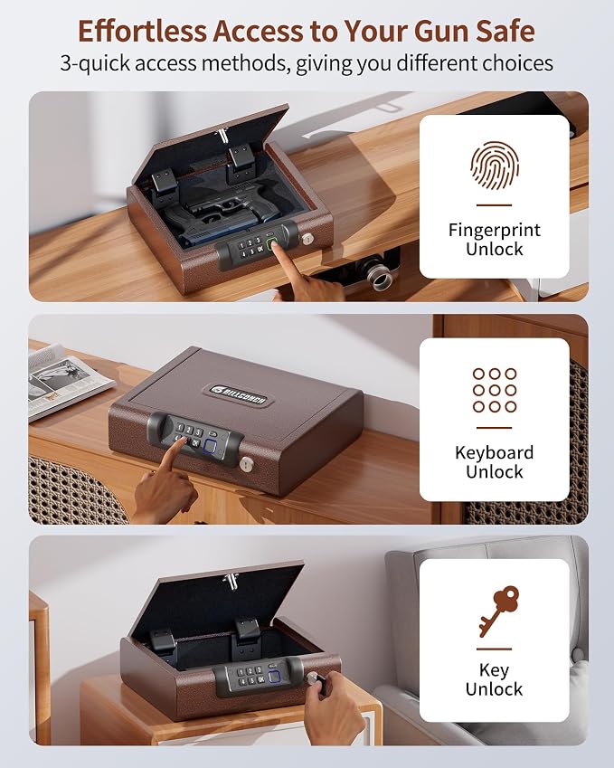 BILLCONCH Gun Safe,Biometric Fingerprint Gun Safe for Handgun Pistol Safes | Fingerprint PIN Key Unlock, Interior Light and USB Charging Lock box with Silent Mode for Bedroom Nightstand - Image 2