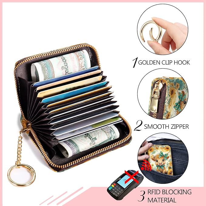 Blusabaca RFID Credit Card Holder Small Women Travel Wallet, Highland Cow | Removable Keychain, Case with Zipper, Vegan PU Leather, Cash Coin Pocket, Business Accordion Purse, Ladies Female Gift - Image 6