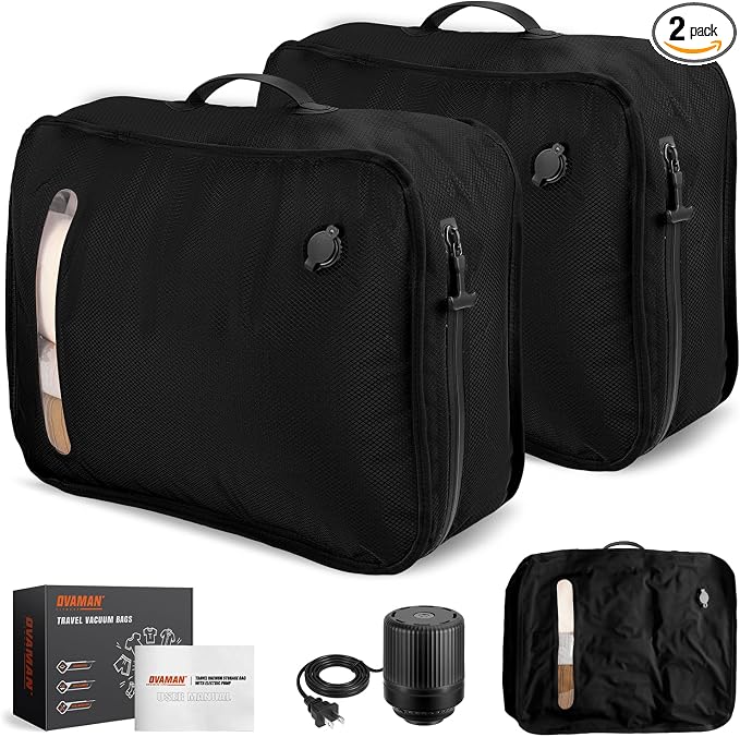 Vacuum Bags for Travel with Wired Pump, Travel Compression Bags for Clothes, 180° Open Zipper, Save 80% Space, IP68 Waterproof Travelpack Vacuum Kit for Luggage, Suitcase, Home Storage (2 Pack + Pump) by OVAMAN