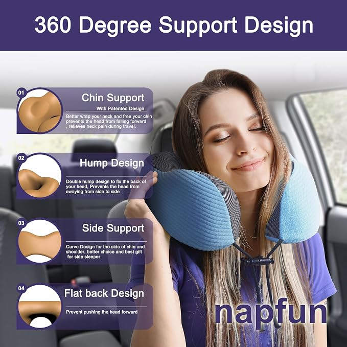 napfun Neck Pillow for Travel with Travel Pouch, Sleep Mask & Earplugs, Memory Foam Airplane Pillow for Headrest Sleep with Eyeshades, Plane Essentials with Eye Blindfold, Sky Blue Striped Kit - Image 3