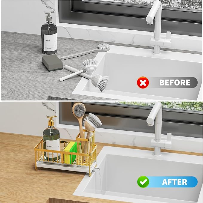 Cisily Sponge Holder for Kitchen Sink, Sink Caddy Organizer with High Brush Holder, Kitchen Countertop Organizers and Storage Essentials, Rustproof 304 Stainless Steel (Gold, 9.25″) - Image 6