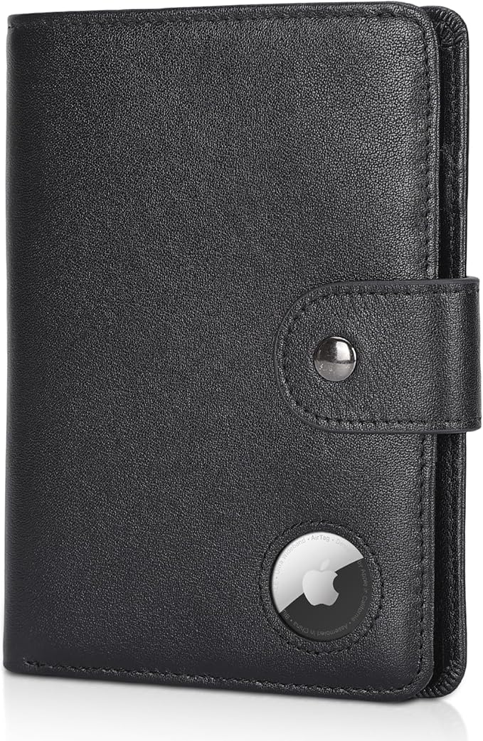 Polare Luxury RFID Blocking Leather Passport Holder Travel Wallet For Men and Women (Black with AirTag Slot(Snap Version)) by polareoriginal