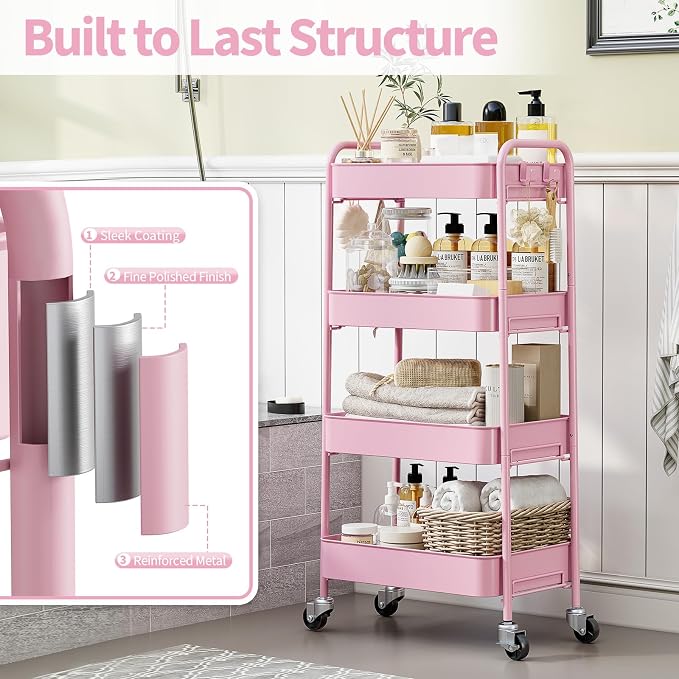 TOOLF 4 Tier Metal Rolling Cart, Utility Storage Cart with Wheels, Pink | Screwless Assembly, Lockable Metal Wheels, Trolley Organizer for Bathroom, Kitchen, Office, Dorm, Laundry, Craft Room - Image 6
