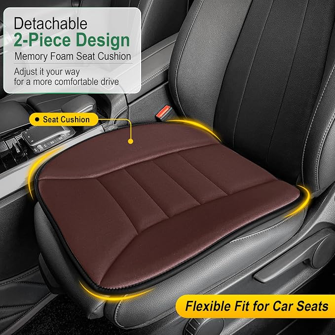 kingphenix 3-Piece Memory Foam Car Seat Cushion Set for Driving Comfort | 2 Front Seat Cushions and 1 Rear Bench Pad, 1.2-Inch Memory Foam, Non-Slip Bottom for Sedan, SUV, Truck and Van, Brown - Image 3