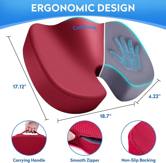 CushZone XXL Memory Foam Seat Cushion for Office & Car, Red | U-shaped Coccyx Cutout, Contoured Design, Breathable Removable Mesh Cover, Non-Slip Base, Carry Handle - Image 4