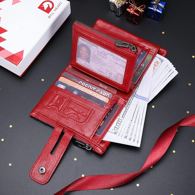 Chain Wallet for Women, Genuine Leather RFID Blocking Bifold Wallet with Anti-Theft Chain B02-Red - Image 5
