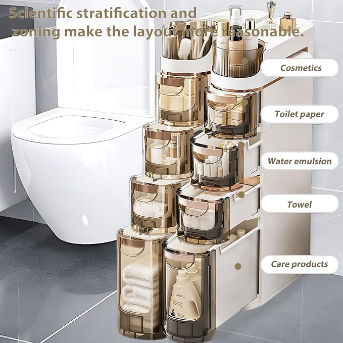 BGYMF 4-Tier Narrow Slim Bathroom Storage Cabinet,Movable,White | ABS and PP,with Wheels and Drawers,Large Storage Capacity,Water Resistant,Toilet Paper Holder,for Small Spaces - Image 3