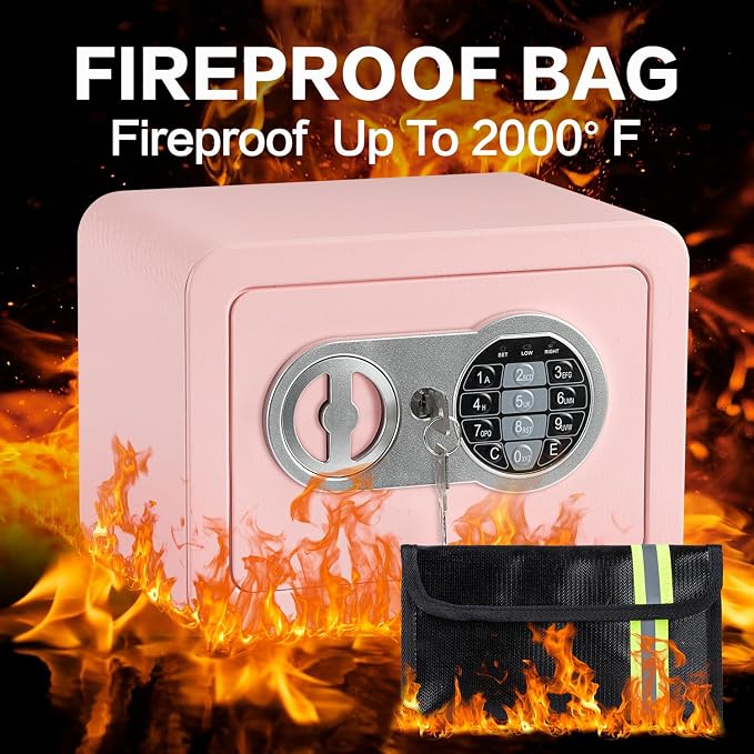 0.23 Cubic Feet Safe Box, Small Safe W/Fireproof Bag, Keys & Pass Code, Digital Electronic Security Money Box for Cash, Document, Home, Office, Hotel Use, Pink, 6.69"D x 9.06"W x 6.69"H - Image 2