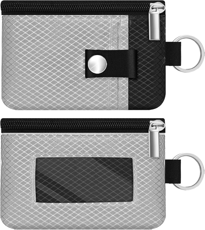 Minimalist RFID Blocking Small Wallet with ID Window,WaterResistant Zip Id Case Wallet with Lanyard Keychain for Cards,Cash,Travel,Women,Men (Light gray/Black) by CCUMI