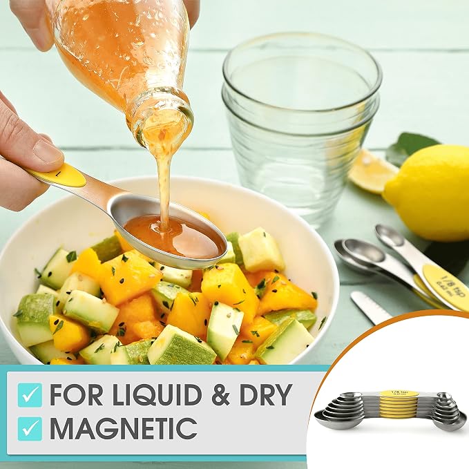 Spring Chef Stainless Steel Magnetic Measuring Spoons Set of 8, Yellow | Dual Sided Teaspoon & Tablespoon Measuring Spoons w/ Leveler for Dry & Liquid Ingredients, Measure Spoons for Baking, Cooking - Image 7