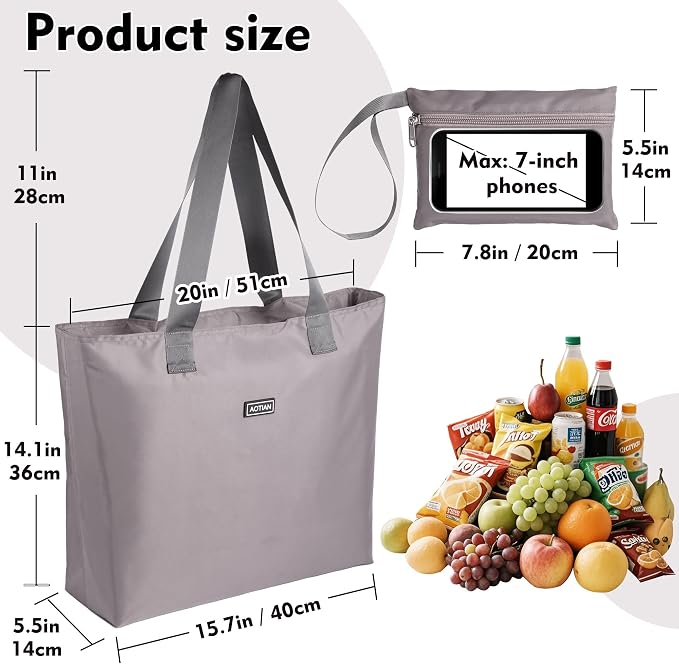 AOTIAN Reusable Grocery Bag, Foldable Shopping Tote Bag with Zipper Closure | Holds up to 50 lbs, Doubles as a phone pouch, Durable & tear-resistant. For travel, gym, beach & daily use, Machine washable - Image 3