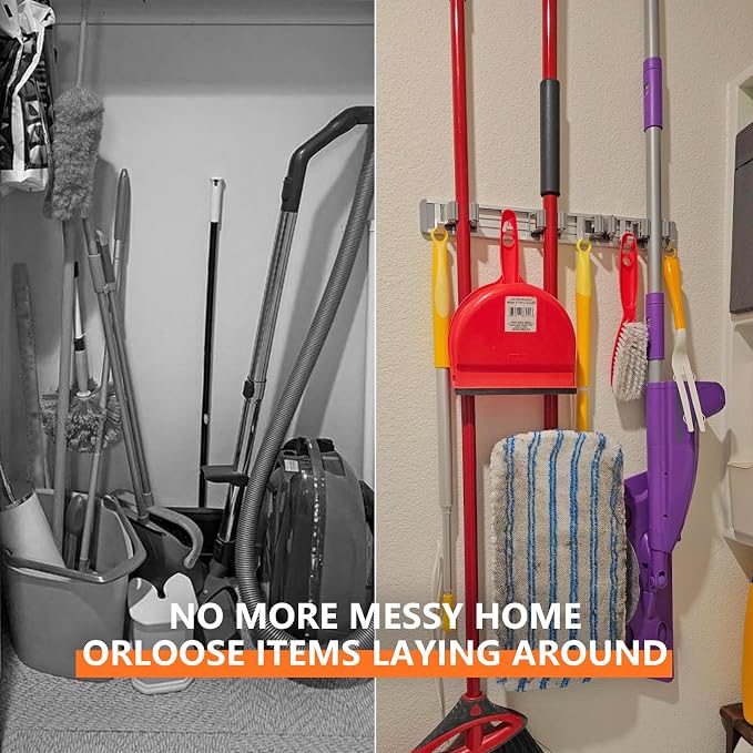 reliahom Broom Holder Wall Mount Mop Hanger Tools organizer 5Racks 4Hooks | Adjustable Mop Broom Wall Hanging Heavy duty Tools Storage Rack Space-saving for Garage,Kitchen,Laundry Room,Garden, Silver - Image 4