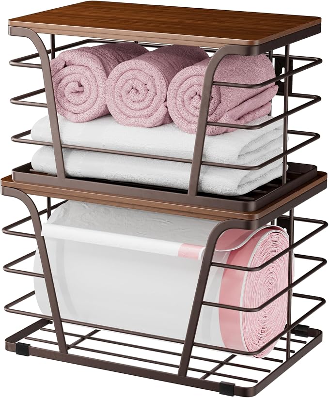 TIDIIABODE Extra Large 2 Pack Potato and Onion Storage Bins,Stackable Storage Pantry Organizers, Kitchen Storage Bins for Potato and Onion, Wall Mount Trash Bag Holder with Bamboo Top, Brown - Image 2