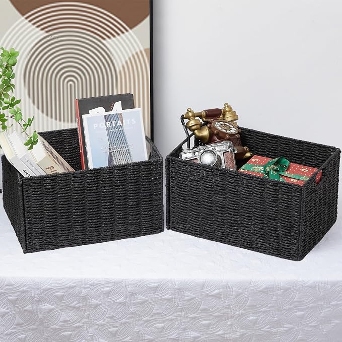 Wicker Storage Basket, Set of 2 Hand-Woven Paper Rope Wicker Basket, Small Storage Baskets for Organizing Toilet Paper Basket, Foldable Large Cube Storage Organizer Bins for Shelves (Black) - Image 7