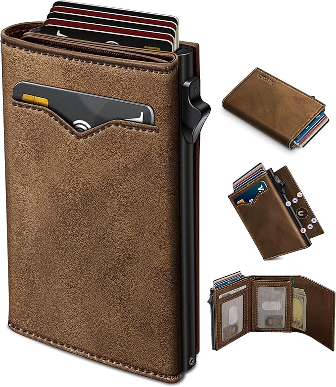 Wallet for Men,with Cash Pocket 2 ID Window 9-13 Cards,Metal Case Smart Slim Pop Up Credit Card Holder Flip with Magnetic Closure RFID Blocking Trifold wallet with Gift Box by Miyozi