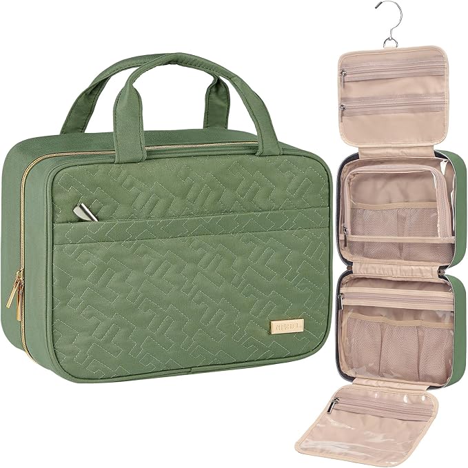 NISHEL Travel Toiletry Bag for women, Portable Hanging makeup Organizer | for Travel-Sized Shampoo, Conditioner, Brushes Set, makeup Accessories, Medium Size, Bronze Green by NISHEL