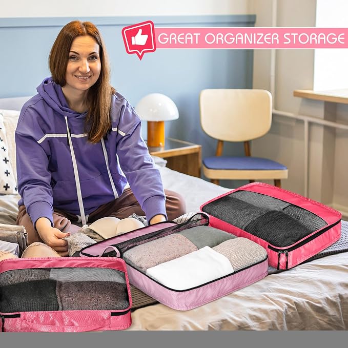 5 Pcs Packing Cubes for Suitcase Large Travel Cubes Carry on Luggage Organizer Bags for Clothes Accessories(S,Pink) - Image 6