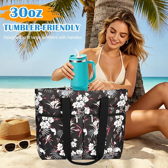 HUANLANG Large Beach Bags for Women Pool Bag with Zipper, Waterproof Sandproof Beach Tote Travel Bag with Wet Pocket - Image 2