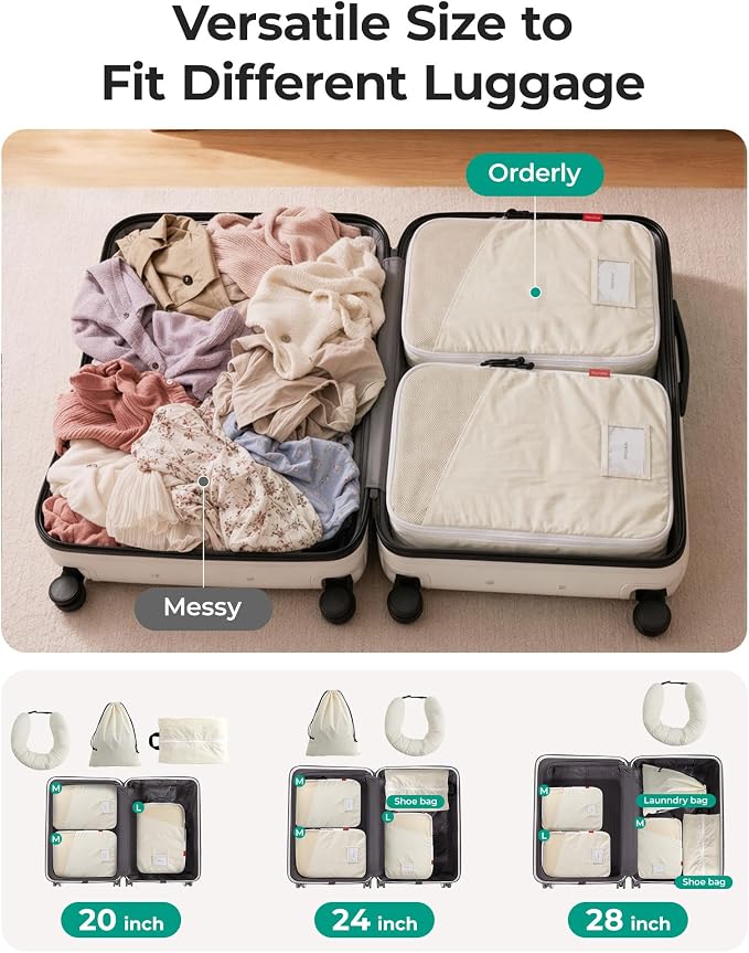 BAGSMART Compression Packing Cubes with Fillable Neck Pillow for Clothes | 1 Wearable Neck Pillow & 5 Travel Bags to Avoid Baggage Fees, Durable, Tear Resistant Washable Taslan Fabric with Card Slots - Image 6