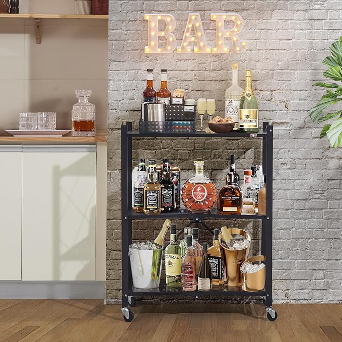 DEANIC 3 Tier Foldable Storage Shelves with Wheels, Kitchen Appliance Stand, Freestanding Metal Wire Shelf Rack, No Assembly Organizer Rolling Cart for Garage, Basement, Pantry (Black) - Image 2