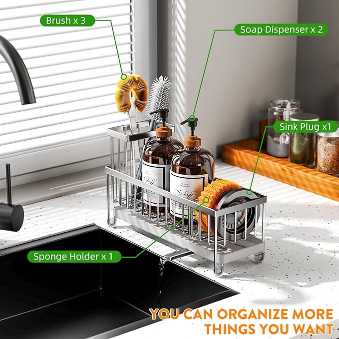 Cisily Sponge Holder for Kitchen Sink, Sink Caddy Organizer with High Brush Holder, Kitchen Countertop Organizers and Storage Essentials, Rustproof 304 Stainless Steel (Large Silver, 10.62″) - Image 6