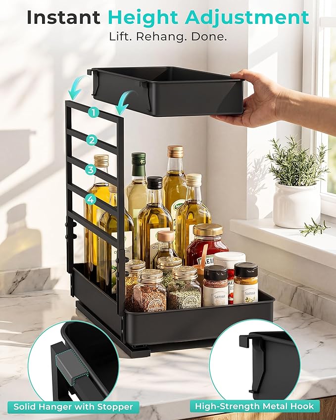 EVERIE Height Adjustable 2 Tier Metal Pull Out Slide Shelf Organizer for Under Sink Cabinets in Kitchen, Bathroom, with Snap-on Top Tray, 16" Deep (Black, 2 Sets) | Pull Out - Image 3