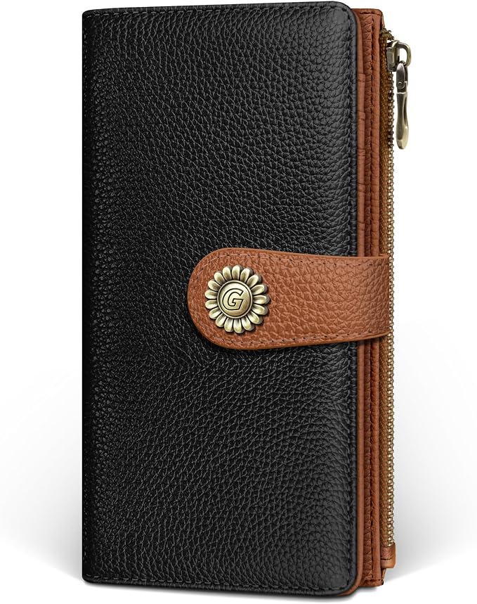 GIANCOMICS Black Caramel Womens Wallet RFID, Long Credit Card Holder Bifold | Billfold, Cute Cash Purse, Travel Zipper Coin Pocket, Compact Clutch, PU Leather, ID Window, 11 Card Slots, Ladies Gift Woman by Giancomics