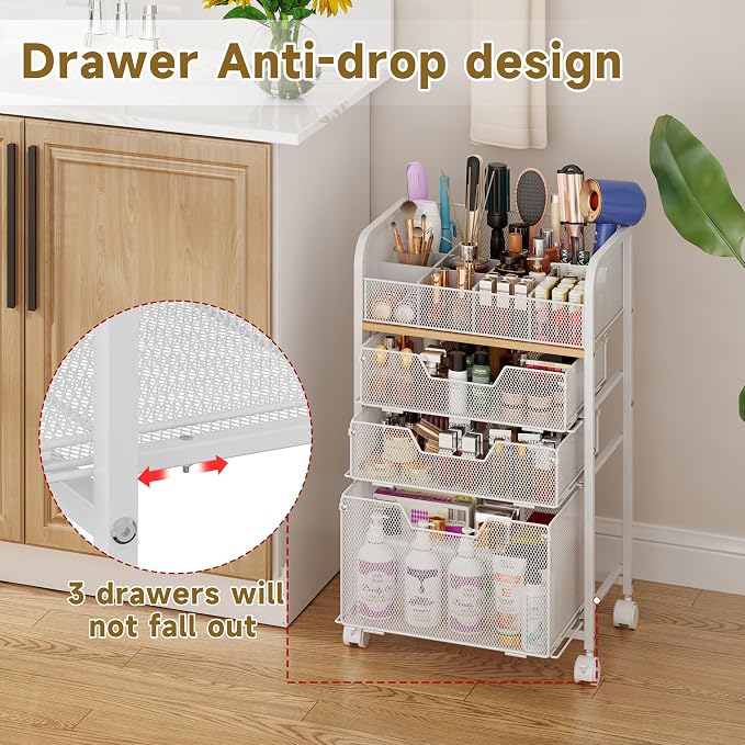 Jakyitvi Makeup Cart Organizer with 3 Drawers, Under Desk Storage Drawers,Floor Skincare & Makeup Organizer, Vanity Storage for Cosmetics, Nail Polish, Perfume, Makeup Brushes, Hair Tools, White - Image 6
