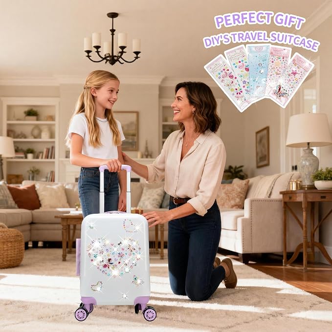 Kids Luggage Sets Suitcase Set with Travel Pillow for Girls 10 Sheets Gem Stickers Small Suitcase with Wheels Hardshell Carry on Luggage for Airplane Travel Essential DIY Styles Purple - Image 9
