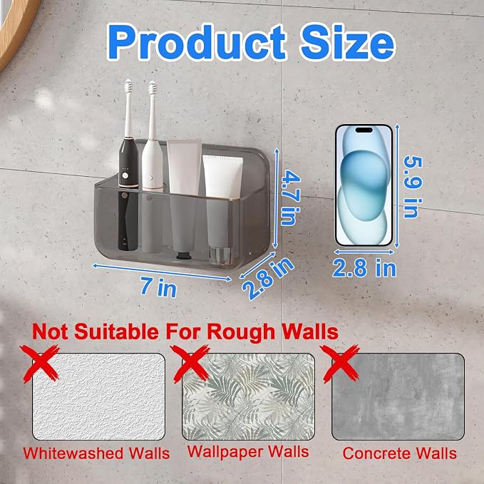 Wall Mount Organizer, 2Pc Small Adhesive Cabinet Door Organizer | Bathroom Shelf for Wall,No Drilling Hang Adhesive Shelf, with Self Adhesive Tapes, for Bathroom, Kitchen, Living Room - Grey - Image 2