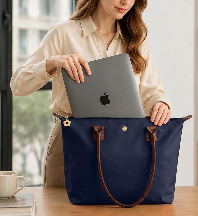 Nylon Tote Bag for Women, Lightweight Foldable Shoulder Tote with Zipper, Large Work Travel Bag for Everyday Use - Image 3