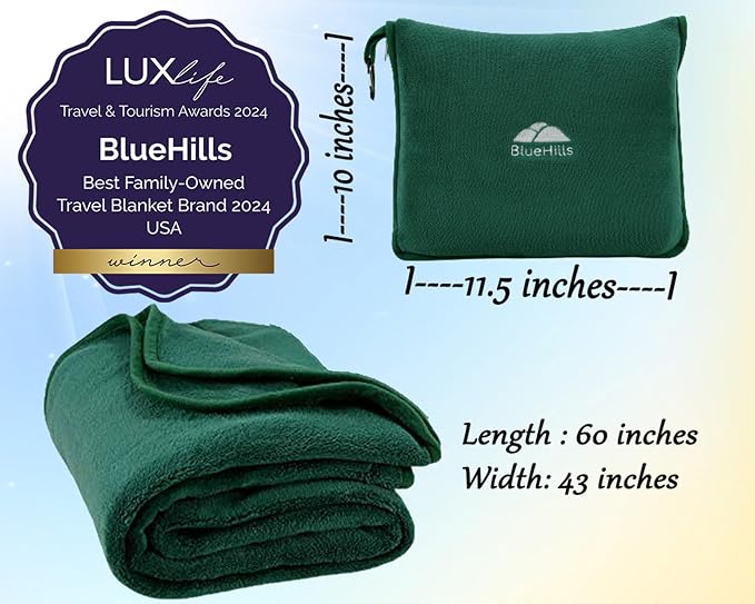 BlueHills Premium Soft Travel Blanket Pillow Flight Traveling - Dark Green | Soft Bag Pillowcase with Hand Luggage Belt & Backpack Clip, Compact Portable Throw Blanket for Airplane Cruise Travel Comfort - Image 5