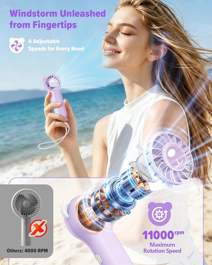 Portable Handheld Fan, Cute Bear Mini Fan with 11000 RPM High Speed, Rechargeable Personal Fan with 4 Speeds, Pocket Small Fan for Travel, Makeup, Lash, Gifts for Women Girl - Purple - Image 3