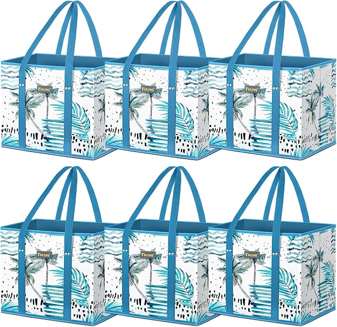 BALEINE 6PK Reusable Grocery Bags, Heavy Duty Shopping Tote Bag | 12'' Long Handles, Reinforced Bottom Keeps Upright, Fold Flat Storage, Water-Resistant Shopping Bag, Multiple Color Options by BALEINE