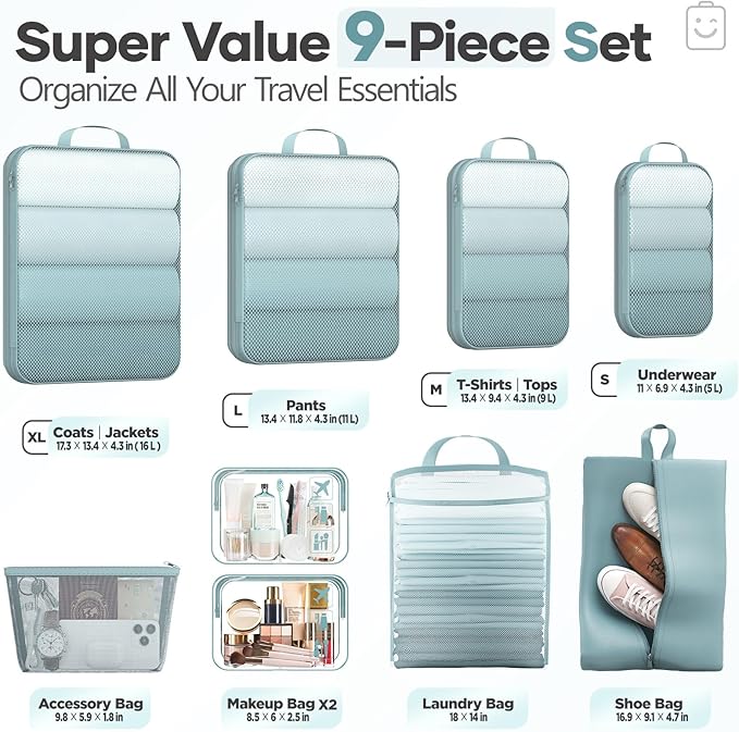 Veken 9/11 Set Compression Packing Cubes Garment Bags for Travel Essentials,Compressible Expandable Luggage Organizer Bags for Clothing,Space Saver Bags with Over 1000 pcs of Mesh Holes(Blue Gray) - Image 2