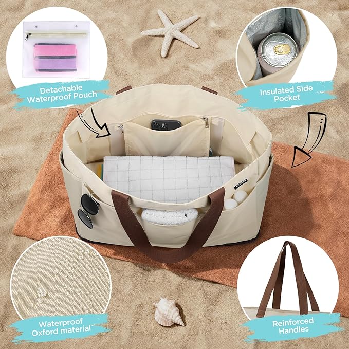 GAGAKU XL Beach Bag with Zipper & Cooler Pockets | Sand-Proof Foldable Large Tote Bag for Cruise, Travel, Family, Women - Image 4