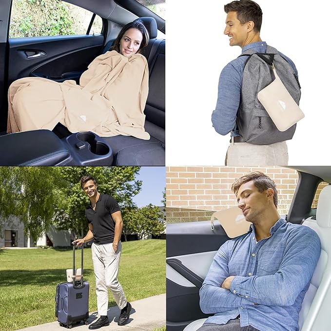 BlueHills Premium Soft Lightweight Travel Blanket Pillow Pocket Size Beige | 2 in 1 Compact Travel Pillow, Portable & Packable, Zipper Case, Long Blanket 70 X 56 Inches, Traveling Gift, Soft & Comfort - Image 3