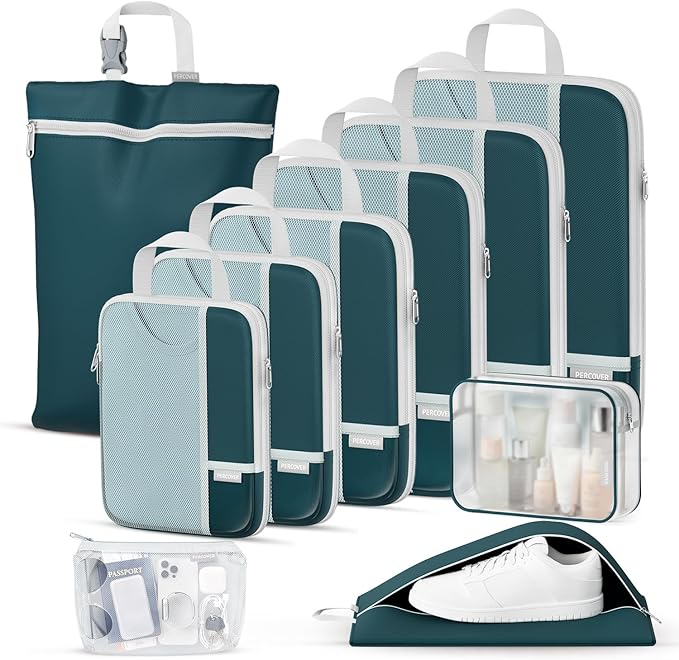 Percover Compression Packing Cubes for Travel, 10-Piece Structured Compression Organizer Set with Toiletry Bag, Laundry Bag & Shoe Bag for Carry-On & Checked Luggage, Peacock Green by Unknown