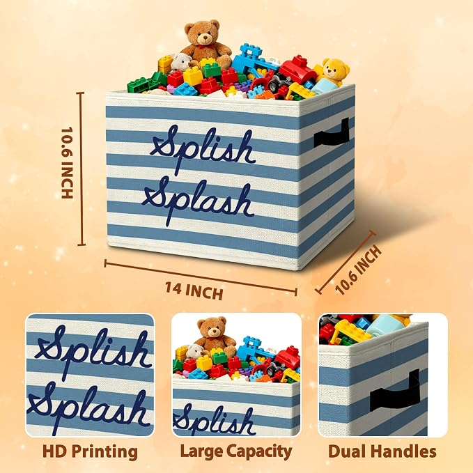 Boho Bath Time Affirmation Storage Bins Box with Handles Organizer Basket | cheerful calming foldable basket for organizing, blue striped collapsible toys clothes for playroom nursery bedroom, 10x14 in - Image 3