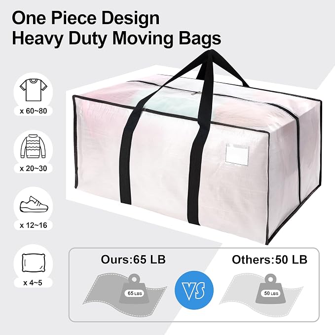 VELVETSURE 6 Pack Heavy Duty Large Moving Bags W/Backpack Straps - Strong Handles & Zippers, Storage Totes For Space Saving, Fold Flat, Alternative to Moving Box and Storage Bin, Semi-Transparent - Image 5