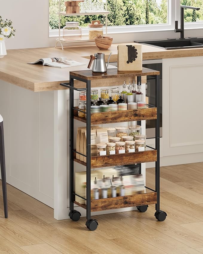 4-Tier Slim Storage Cart, 9.1'' Kitchen Serving Trolley, Slim Rolling Cart with Handle and Guard Rails, Slim Cabinet for Small Spaces, for Dining Room, Rustic Brown and Black TTC03BF - Image 4