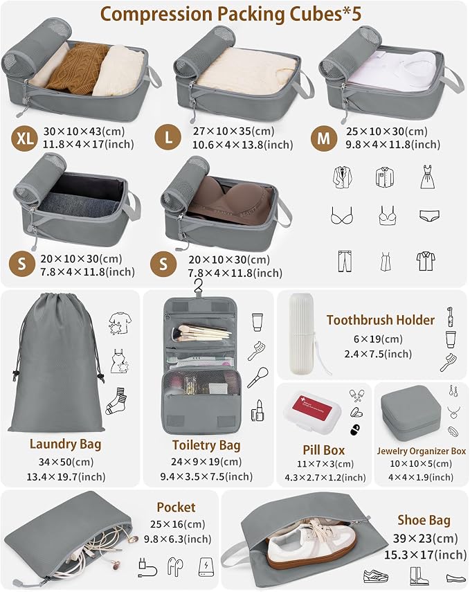 12 Set Compression Packing Cubes, Expandable Suitcase Organizers for Travel Accessories, Lightweight Luggage Organizer Bags, Gray - Image 2