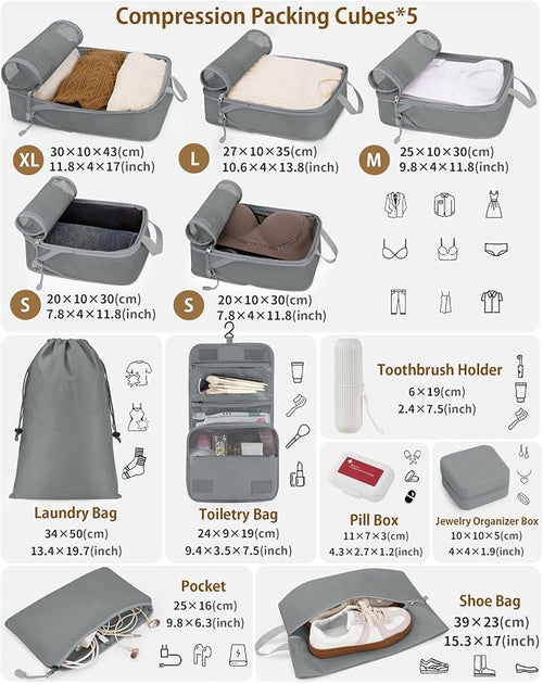12 Set Compression Packing Cubes, Expandable Suitcase Organizers for Travel Accessories, Lightweight Luggage Organizer Bags, Gray - Image 2