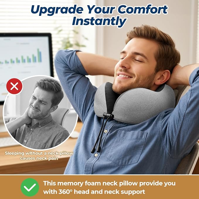 ExploreBliss Travel Pillow, Neck Pillow Airplane, Light Grey | Travel Pillows for Airplanes, Neck Pillow Airplane, Memory Foam Neck Pillow Set with Eye Mask, Earplugs - Image 6