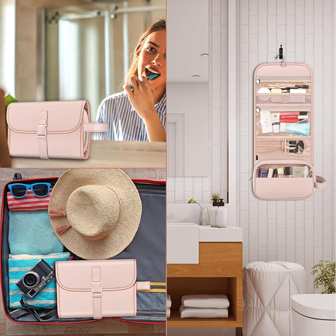 FINTIE Portable Toiletry Cosmetic Travel Bag Hanging Makeup Organizer | Large Water Resistant Storage Pouch Case, For Women Girls, Pink - Image 7
