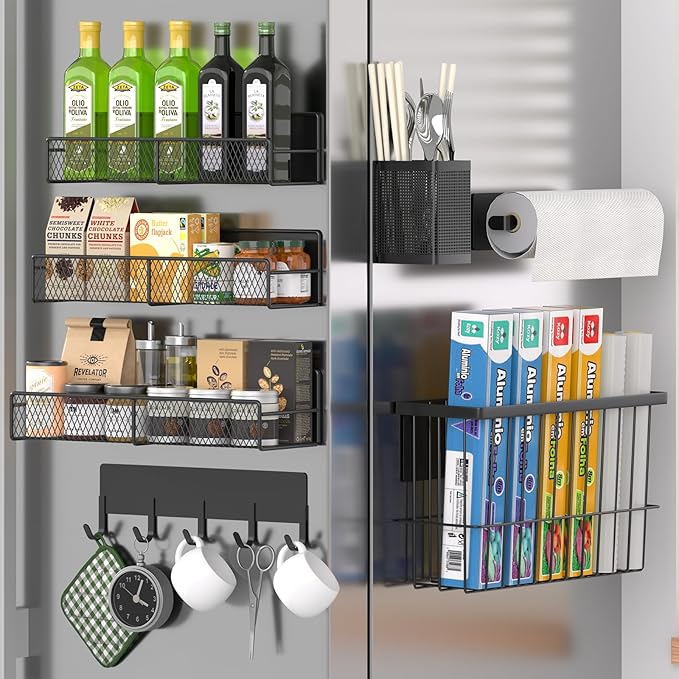Magnetic Spice Rack for Refrigerator, 7 Pack Metal Magnetic Shelf, Moveable Magnetic Storage Fridge Organizer, Spice Organizer, Hook Rack, Paper Towel Holder, Utensils Holder, Cutting Board Holder by DTUQYX