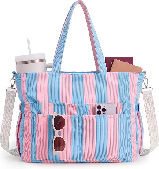 Kacctyen Striped Beach Tote Bag for Women Large Beach Foldable Tote Bag with Zipper Pockets for Travel Pool by Kacctyen