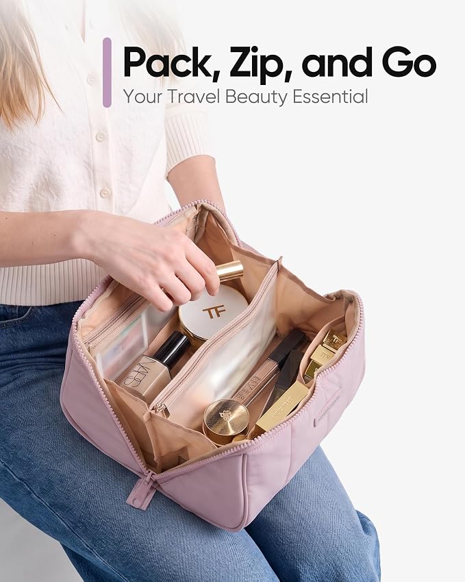 NISHEL Travel Makeup Bag for women, Organizer Pouch Cosmetic Case | Open-flat design keeps cosmetics, brushes, and beauty tools organized for travel and daily routines, Peach-Pink - Image 4