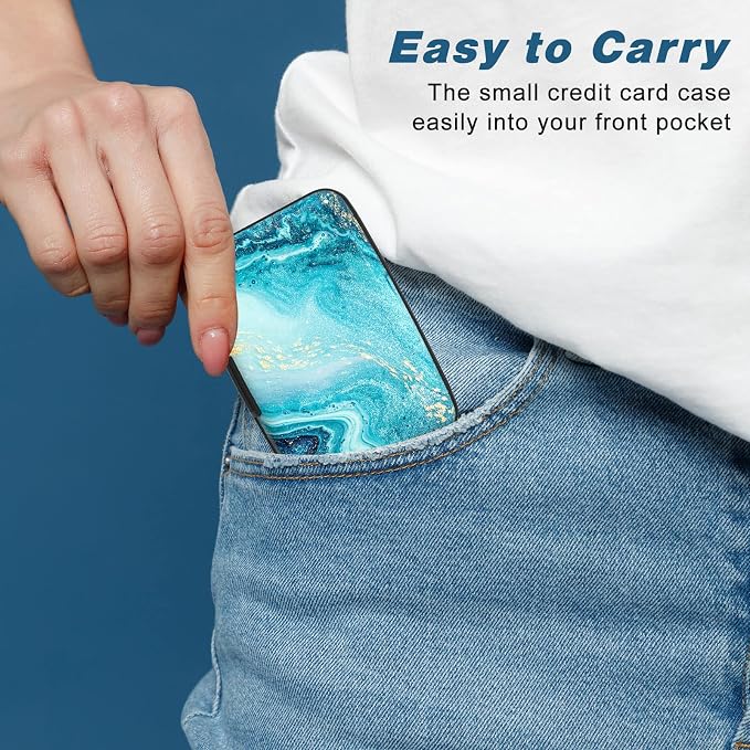 Credit Card Holder, Mini Aluminum Card Wallet RFID Blocking Slim Metal Hard Card Case for Women Men, Blue Ocean Marble - Image 6
